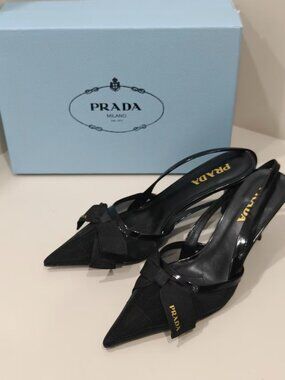 Prada Black Fabric Bow Pointed Toe Slingback Stiletto Heels